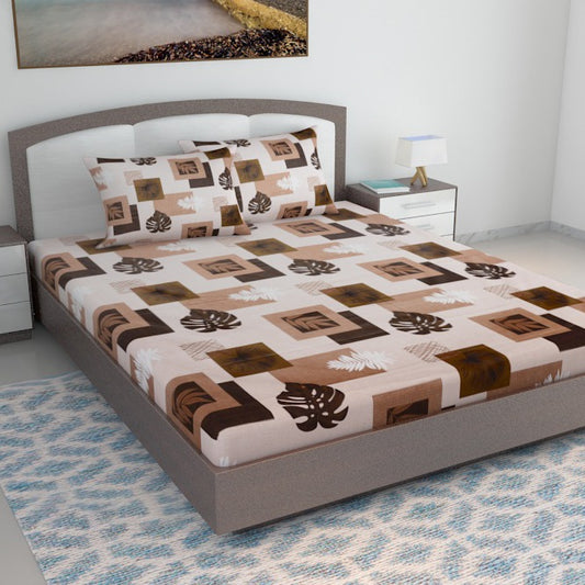 Chocolate cubes with Monstera leaf premium sateen double bedsheet